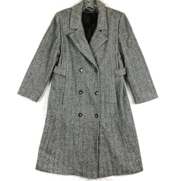 Noble Fashions Womens Wool Blend A-Line Coat Grey Herringbone Double‎ Breasted M - Picture 1 of 11